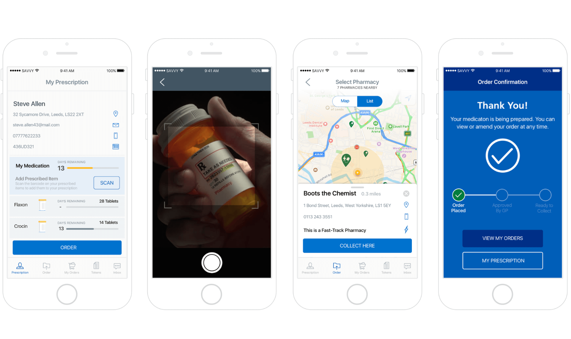 A hi-fidelity prototype of the prescription ordering app